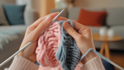 Hands knitting with pink and blue yarn using knitting needles, close-up shot of a cozy hobby
