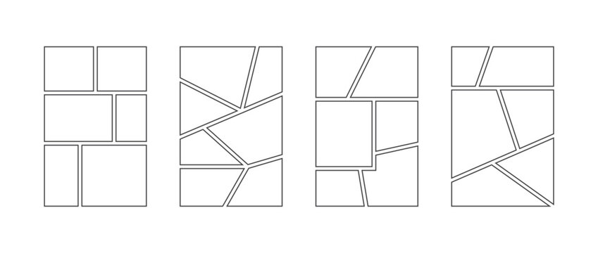 Comic book panel frame collection. Pop art template grid page set. Storyboard design pack for photo, poster, manga mockup. Empty image collage moodboard layout pack. Picture mood board ideas. Vector