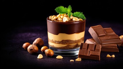 A decadent chocolate dessert in a glass with layered cream, nuts, mint, and glossy chocolate shards on velvet