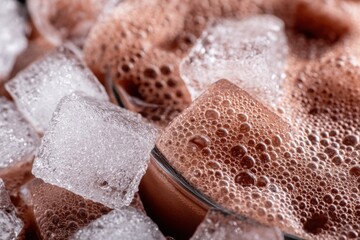 Close-up of a glass with frothy chocolate beverage and surrounding ice cubes, warm light highlighting bubbles