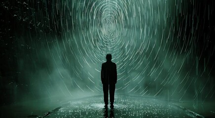 A man stands in a futuristic tunnel with a swirling green light show