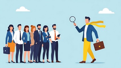 Business manager carefully examining a lineup of diverse job candidates using a magnifying glass while holding a briefcase under a light blue sky.