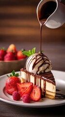 A decadent chocolate drizzled cheesecake with a scoop of vanilla ice cream and fresh strawberries on a plate!