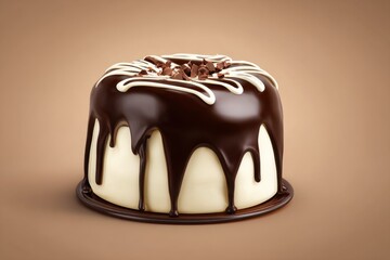 A glossy chocolate-drip cake with white icing accents sits on a round plate before a soft brown backdrop soon
