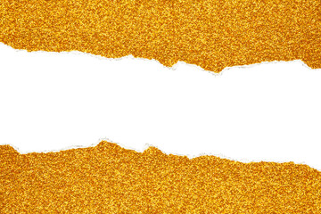 Ripped gold glitter paper torn edges strips isolated background