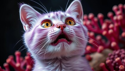 Wide-eyed lilac cat gasps in awe against coral,  coral,  awe