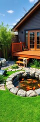 Wooden deck patio over fish pond, artificial grass & stone pebble garden with bamboo & dog,  decking,  fish pond