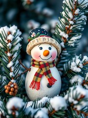 A vintage-style snowman figurine with a carrot nose and scarf standing amongst snowy pine branches,  collectible,  cute