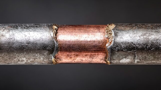 brazed. Close-up detail of brazed copper pipe joint with smooth gleaming solder fillet. event key visuals, club posters, designed for sports event promotions and stadium branding, supports training.