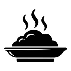 Black silhouette of a hot food plate with steam icon isolated on white background for restaurant menu design.