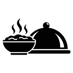 Black silhouette of a hot food plate with steam icon isolated on white background for restaurant menu design.
