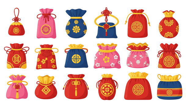 Asian fortune lucky bags and fabric purse icons flat vector set isolated on transparent background