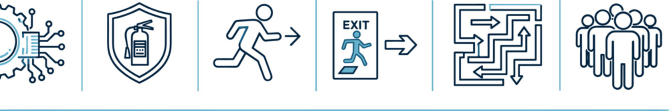 Emergency safety and evacuation icons set illustrating virus alert, fire protection, escape route, exit strategy, maze navigation, and crowd management concepts