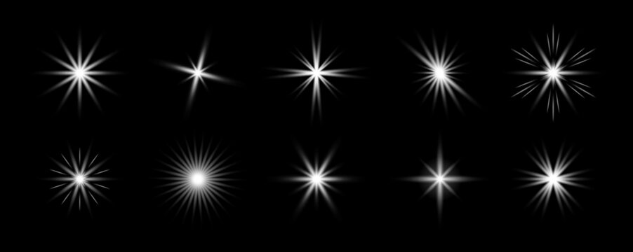 White glowing sparkle collection. Shining light flare effect set. Radiant sun beam burst bundle. Magical stars, twinkles and sparks glowing pack. Starlight rays radiance sun element group. Vector