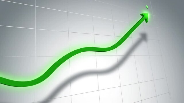 Green upward arrow graph showing growth trend with shadow grid background optimistic business success concept green arrow curving upward neutral background suggesting growth and forward movement