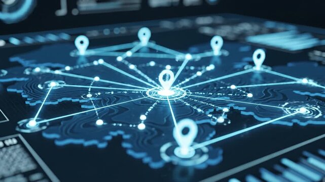 Digital map visualization merging glowing location markers, topographic data nodes and network connections futuristic interface for geolocation data visualization, connectivity and digital mapping