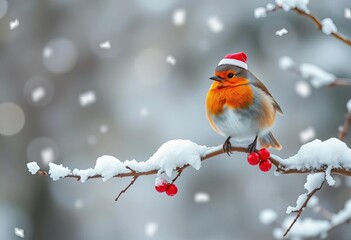 A whimsical winter scene featuring a festive robin on a snowy branch, with a minimalist design,  snowy branch,  winter