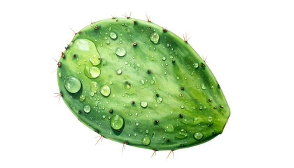 Watercolor depiction of a cactus pad, showcasing droplets of water and tiny thorns