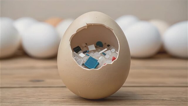 Broken egg shell filled with colorful plastic microbeads and small plastic debris wooden surface with blurred eggs background highlighting