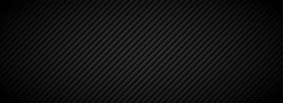 Black technical striped background. Abstract diagonal line pattern texture. Tech carbon stripe design wallpaper. Vector geometric insulation wall concept. Dark slanted linear cover backdrop.