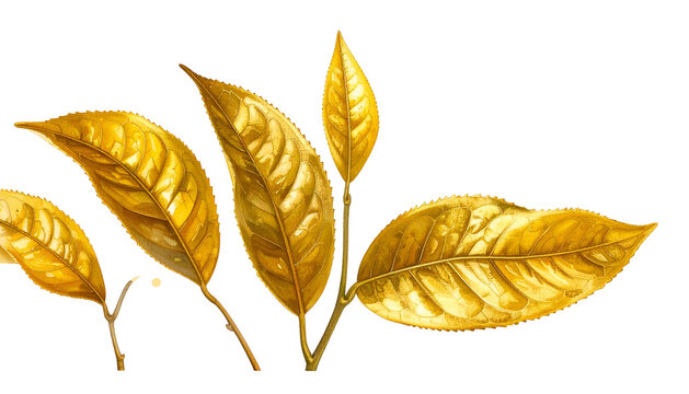 A golden, watercolor-style depiction of several leaves on stems against a black background