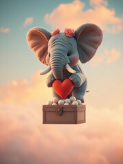 Soft gray pachyderm dreams, rosy ears afloat, a buoyant heart above a treasure box adorned with floating spheres, all bathed in a tender blush,  artistic,  illustration