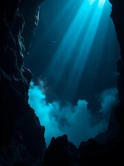 Velvet abyss bleeding into cerulean, celestial dust motes drift, jagged earth-teeth bite the light,  silhouette,  nocturnal