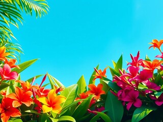 Vibrant tropical flowers and foliage create a natural border around a clear blue sky,  leaves,  flowers