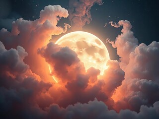 Whispers of nebulae kiss a luminescent lunar orb, a soft painted dream,  unique,  awe