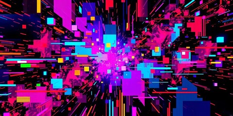 Abstract digital glitch art with vibrant colors and distorted shapes, cracked, code