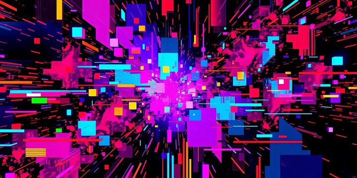 Abstract digital glitch art with vibrant colors and distorted shapes, cracked, code - Powered by Adobe