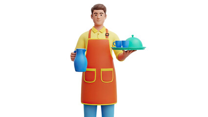 3D Cartoon Waiter Serving Drinks and Food