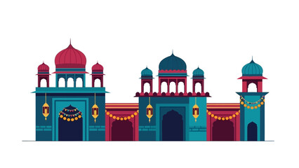 Vector illustration of a vibrant Indian festival architectural facade with Patiala Heritage elements, featuring colorful domes and ornate decorations against a white background. © NanzZ