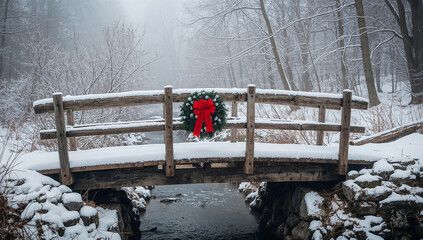 Rustic snow covered bridge with red bow in misty forest