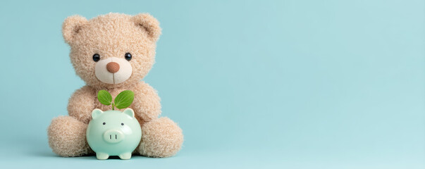 Fototapeta premium Cute teddy bear holding green piggy bank with small plant growing, symbolizing financial growth, savings, and eco friendly investment on blue background, cheerful and hopeful mood