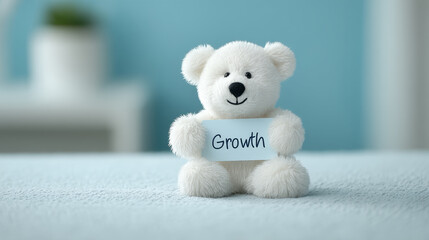 White bear plush toy holding card with word growth, sitting on soft blue surface in bright room, symbolizing positive development and happiness