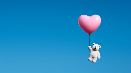 White teddy bear holding pink heart shaped balloon floating in clear blue sky, minimalist playful concept, cheerful and whimsical mood, copy space