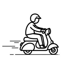 Line art illustration of a delivery man riding a fast scooter or moped for food and package delivery service.