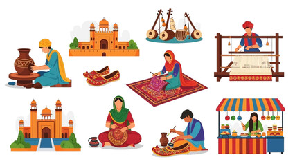 Vector illustration of Patiala Heritage Festival in INDIA with people engaging in traditional activities and crafts against a white background.