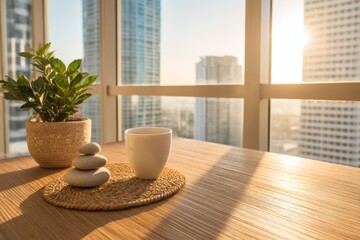 Work life balance, Corporate Wellness, Mental Health, at work, Tranquil Office Workspace with Sunlit Window, Meditation Setup for Mental Clarity and Productivity