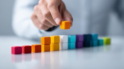 Dynamic Analytics Workspace Concept with Hand Moving Blocks Representing Business Intelligence KPIs and Data Flow. Copy Space Available for Text.