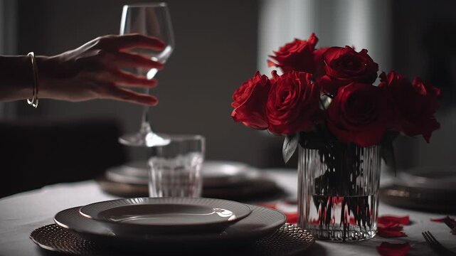 A table with a white tablecloth and a vase of red roses. First valentine date evening, minimal table setting, rose-red highlights, calm emotional storytelling, editorial composition