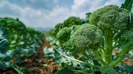 calabrese. Agricultural field of mature Calabrese broccoli with dense green florets under sunlight. public awareness campaigns.