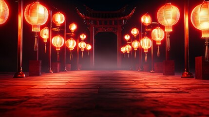 Traditional Chinese Lantern Festival Background with Warm Golden Light and Stone Path