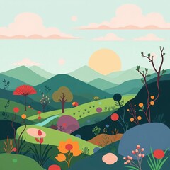 Stylized nature landscape with organic shapes and muted color palette, artistic ecological scene,  muted,  scene