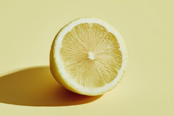 Sliced Lemon Half with Sugar Against a Pale Yellow Background for Sweet and Sour Flavor Profile Under Direct Sunlight