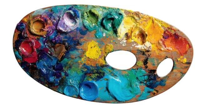 Wooden artist palette with vibrant oil paints, illustrating creativity and artistic expression on transparent background - Powered by Adobe