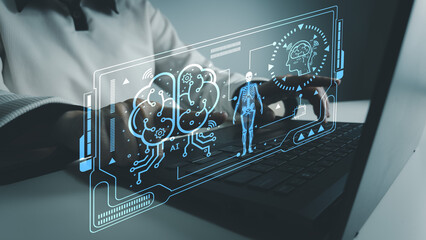 User using a laptop with AI medical system, finger pointing at the screen. Brain and body icons visualize artificial intelligence analyzing human data for diagnostics