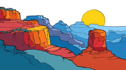 Vivid Illustration of a Desert Landscape at Sunset Featuring Red Rock Formations and Blue Hills Under a Bright Yellow Sun Minimalist Digital Art