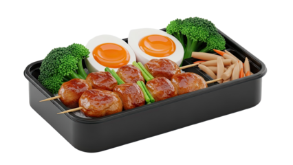 Bento Box with Meatballs, Eggs, Broccoli, and Carrots